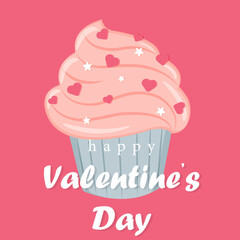 illustration, postcard, cupcake on a pink background with hearts for Valentine's Day
