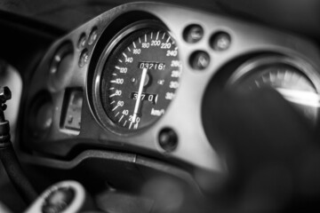 Motorcycle speedometer with dust, speedometer arrow shows the speed of motorcycle storage in the...