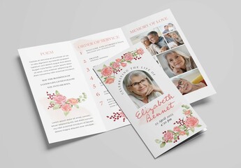 Funeral Program Obituary Memorial Service Trifold Brochure with Watercolor Flowers