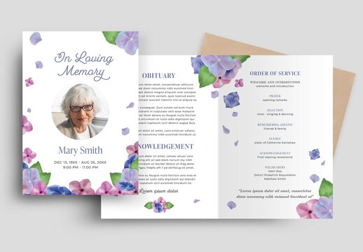 Purple Watercolor Floral Flowers Funeral Program Obituary Memorial Layout