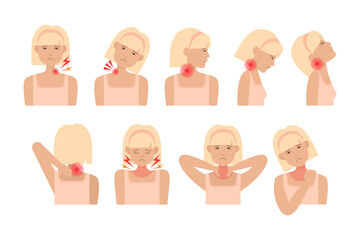 Fototapeta premium Young woman with neck pain in different positions