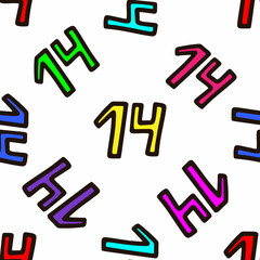 Seamless pattern with multicolored number 14 . Vector illustration. Design for Valentines Day