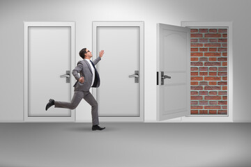 Businessman facing no exit with brick door