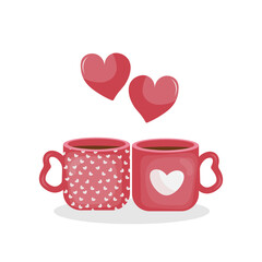 happy valentines day card with cups coffee and decoration