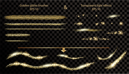 Gold glitter brushes stroke collection and transparent light effects on dark background. Isolated golden and light elements - 482716704