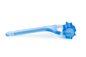 Blue plastic massager on Isolated White Background. Close-up. Full depth of field.
