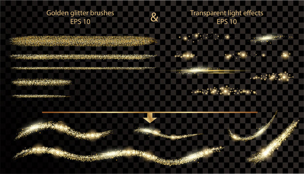 Gold glitter brushes stroke collection and transparent light effects on dark background. Isolated golden and light elements