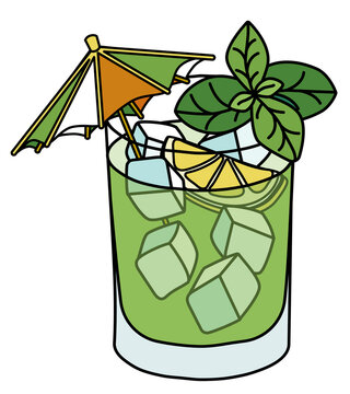 Saint Patricks Day Special Gin Basil Smash Green Cocktail With Lemon And Irish Flag Umbrella Decoration. Doodle Cartoon Vector Illustration Isolated On White Background