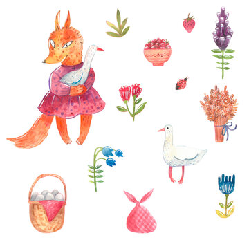 The set of illustrations with fox, goose, basket, flowers. Hand-drawn watercolor pattern for baby textiles and wallpaper
