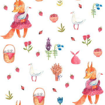 Watercolor pattern for children's textiles with elements of flowers,
 fox, basket, goose, ladybug, strawberry