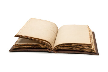 An open empty old notebook isolated on a white background.