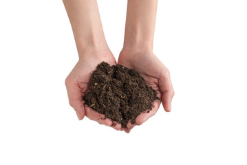 Brown soil in woman hands isolated on white.