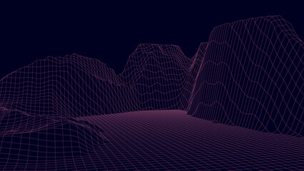 Abstract dark background with linear grid. The framework of the landscape. Polygonal map of the area. 3d vector illustration