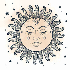 Golden Sun. Vector illustration in vintage engraving style isolated on white.