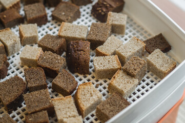 Drying rusk in an electric dryer. Dehydration of white and brown bread crackers. Selective focus