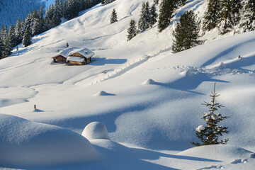 Fototapeta na wymiar Skihütten in einer herrlichen Winterlandschaft in Tirol Österreich