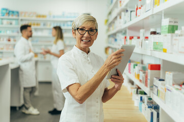 Obraz premium Beautiful senior female pharmacist checking medications on a shelf