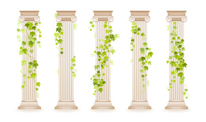 Vector ivy column. Greek marble architecture pillar set with green ivy leaf. Illustration with vine plant climbing on antique column. Ancient roman, greek design watercolor decoration for wedding, etc © Olga Che
