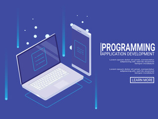 Flat design of technology,Huge laptop and smartphone with programming - vector