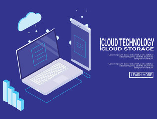Flat design of cloud technology concept,Huge laptop and smartphone with cloud technology - vector