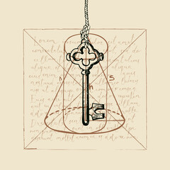Vintage banner with an old hand-drawn key hanging on a string, geometrical figures and handwritten text Lorem ipsum. Vector illustration in retro style with sketches on the old paper background