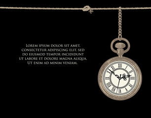 Vintage background or banner with a beautiful pocket watch hanging on a chain on a black backdrop. Hand-drawn vector illustration with an old clock and place for text in retro style