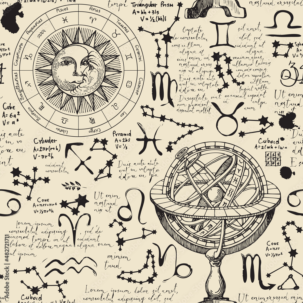 Wall mural abstract seamless pattern on the theme of horoscopes and zodiacs in retro style. hand-drawn vector b