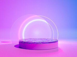 3d render of futuristic neon podium with glass circles and neon light lines. Glassmorphism and metaverse concept 