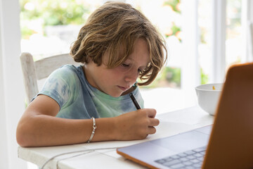 Boy (8-9) drawing picture during online lesson