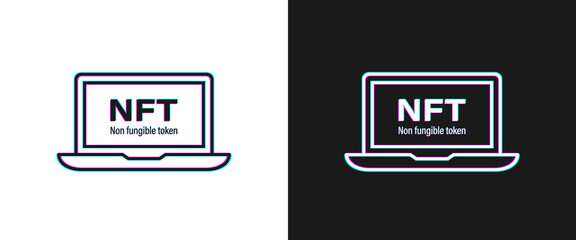 NFT non fungible token icon on laptop screen in black and white glitch style. Vector EPS 10