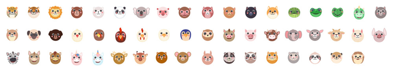 Set Animals Round avatar Cute portraits cartoon illustration flat vector raccoon, bear, sloth, panda, giraffe, fox, bunny, tiger, bear, tiger, dog, cat, frog, cow isolated for UI, app, mobile, kids