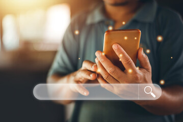 Data Search Technology, man's hands using a smartphone to searching for information. Search Engine Optimization, Using Search Console for ​your website, SEO.