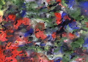 Naklejka na ściany i meble Hand drawn abstract ditsy flowers red-blue watercolor. Texture with splashes, drops of paint, paint smears. Design for backgrounds, wallpapers, covers and packaging, wrapping paper.