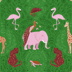 Childish seamless hand drawn pattern with exotic animals: elephant, peacock, flamingo, leopard, giraffe, turtle.