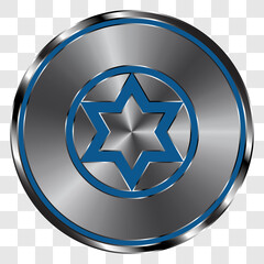 Shield of David simple icon vector on metal round button. Transparent grid