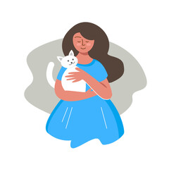 girl holding a cat - vector illustration. pet and girl. woman hugging a white kitten