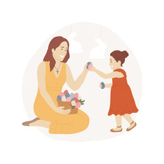 Eggs knocking abstract concept vector illustration. Smiling mother and happy daughter knocking Easter eggs, family honoring old holidays tradition, religious people abstract metaphor.