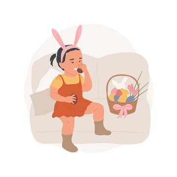 Chocolate eggs abstract concept vector illustration. Smiling little girl wearing in bunny ears and eating delicious chocolate eggs, preparing for Easter religious holiday abstract metaphor.