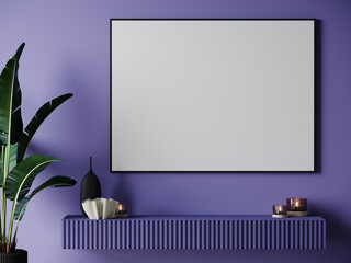 Large black horizontal canvas frame for a picture. A table and a bright wall in the color of Very Peri or Lavender. Decor and accent mockup art or blank. 3d rendering