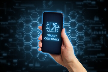 Smart contract concept. Person holding smartphone with agreement icon.