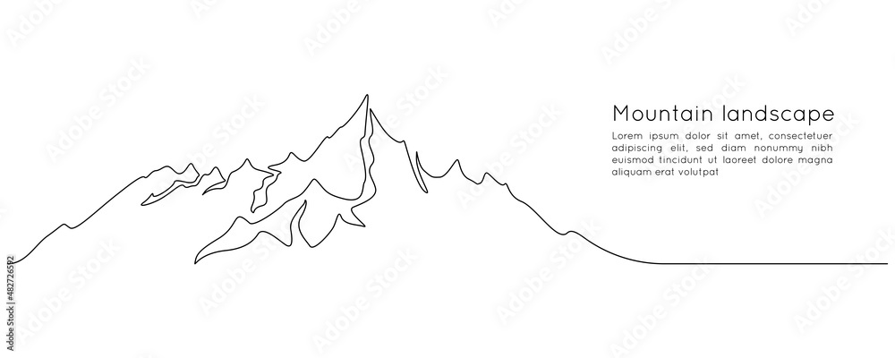 Wall mural Mountains landscape in One continuous line drawing. Mounts with high peak in simple linear style. Adventure winter sports and outdoor tourism outline concept . Doodle vector illustration