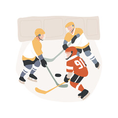 Kids hockey game abstract concept vector illustration. Group of kids in helmets playing ice hockey together on the rink, people active lifestyle, winter extreme sports abstract metaphor.
