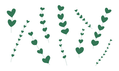 Green flowers or branch made of hearts with love. Set of green heart shaped plants for environmental protection and care