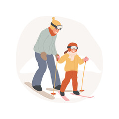 Ski training abstract concept vector illustration. Adult teaching the kid how to ski, having first lesson, people active lifestyle, physical activity, winter sports abstract metaphor.