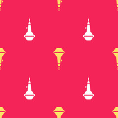 Yellow Microphone icon isolated seamless pattern on red background. On air radio mic microphone. Speaker sign. Vector
