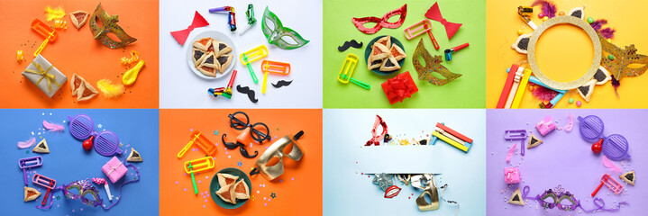 Hamantaschen and rattles for Purim holiday with party decor on color background, top view