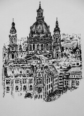 Illustration - old town. Hand drawing of the tops of old buildings with church domes. Budapest drawn by a liner