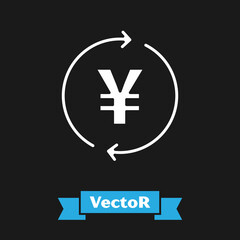 Obraz premium White Coin money with Yen symbol icon isolated on black background. Banking currency sign. Cash symbol. Vector