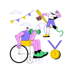 Disabled sports abstract concept vector illustration. Disabled games, wheelchair sports, athlete with physical disabilities, active lifestyle for handicapped people, parasport abstract metaphor.