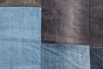 Denim jeans texture, patchwork denim jean fabric pattern.